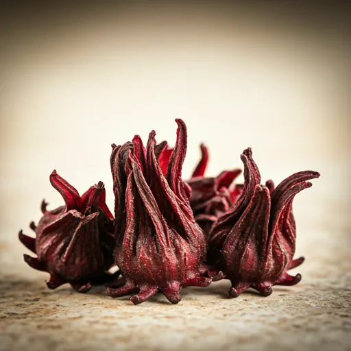 Vibrant dried hibiscus flowers with deep red tones on a light stone background
